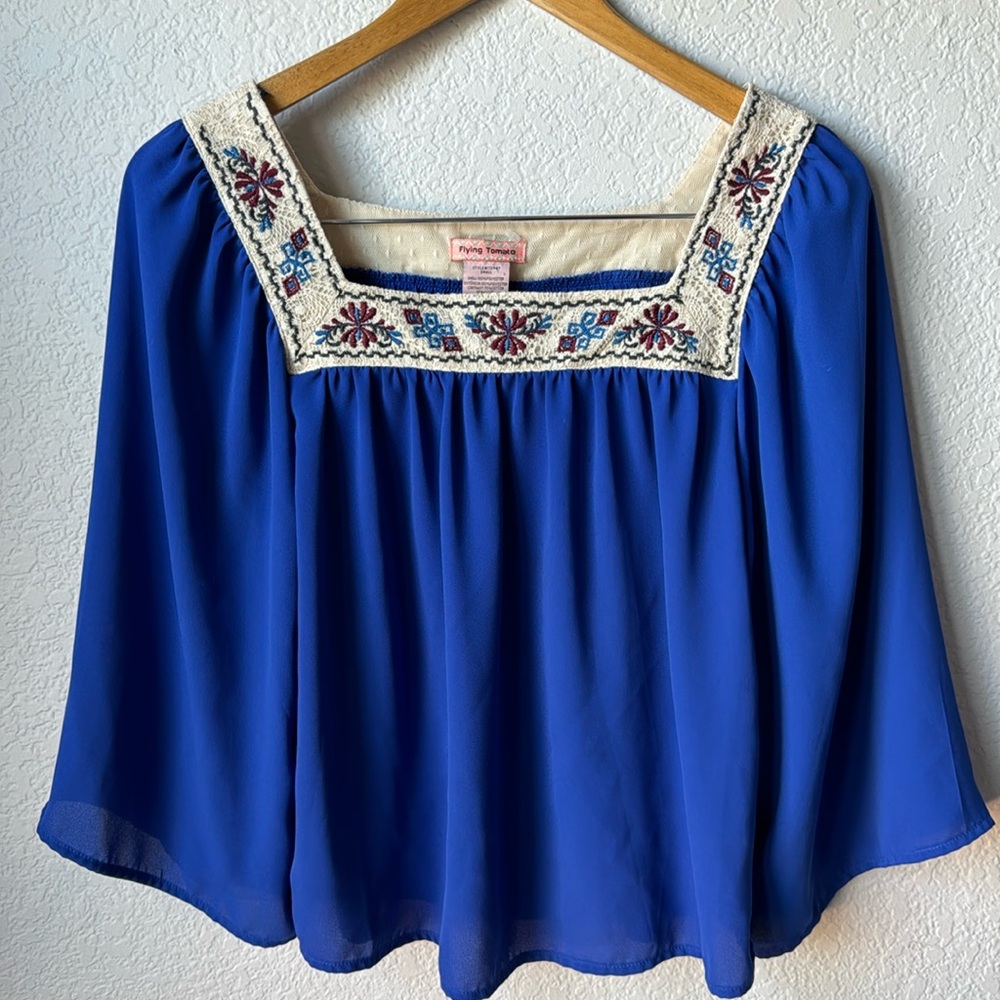 FLYING TOMATO Squared Neck Boho Embroidered Blue Blouse in Size Small